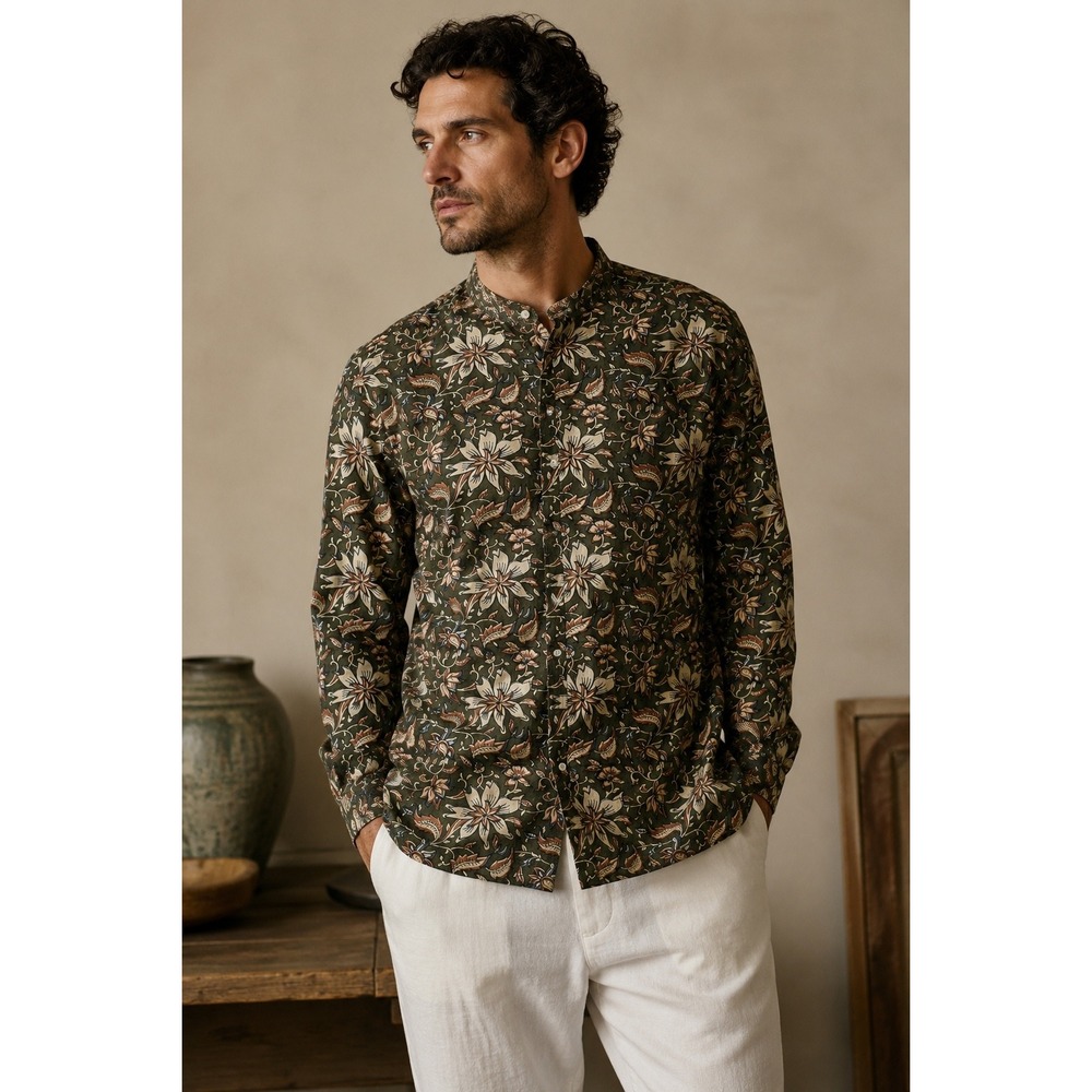 18 East MFG Floral Band Collar Hidden Pocket Shirt Block Print India Mens M